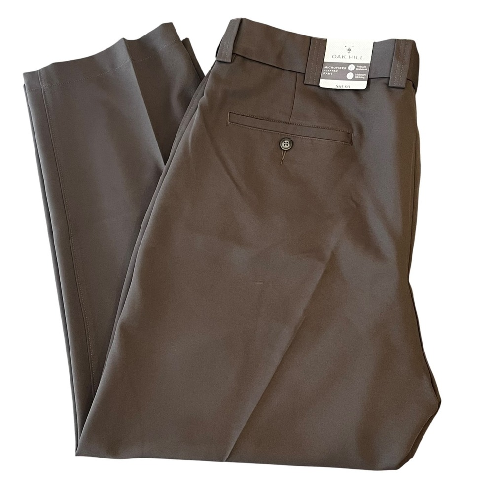 NWT Oak Hill Dress Pants Mens 44x28 Dark Taupe Pleated Stretch Waist